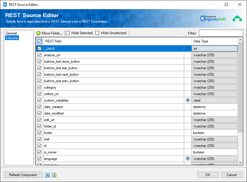 SSIS SurveyMonkey REST Source - Columns